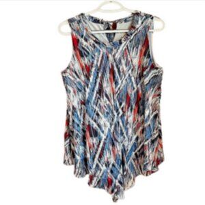 Susan Graver size S Blue Red Sleeveless Top Flowy Semi Sheer Outer Over Knit